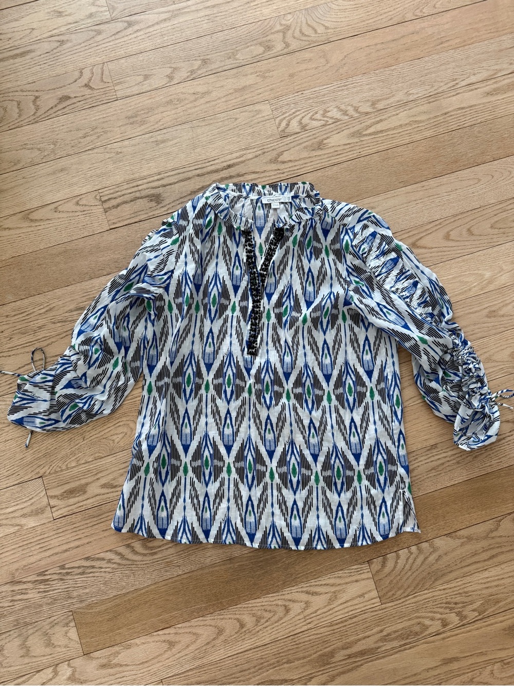 Chico’s Women’s Sparkle Blue Patterned Notch-Neck Peasant Tunic Top 6